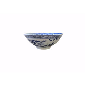 Chinese Blue and White Porcelain Bowl Figural Scene Greek Key Border
